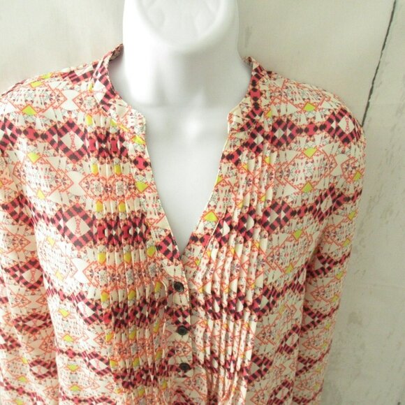 Anthropologie HD In Paris Top 4 S Pintuck Geometric Print Boho Peasant - Picture 2 of 6